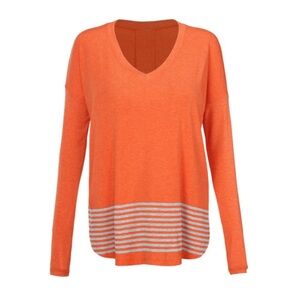 Cabi Hangout Tee orange gray stripe v neck long sleeve knit top size Small #4190